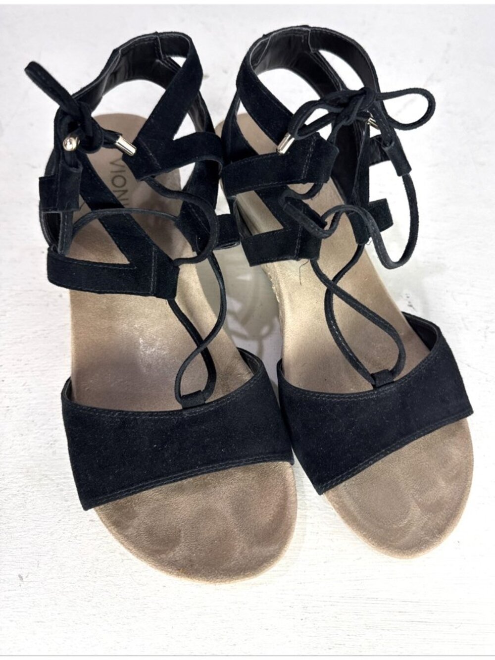 Vionic Noble Tansy Black Suede Lace up Strappy Espadrille Wedge Sandals Size 10